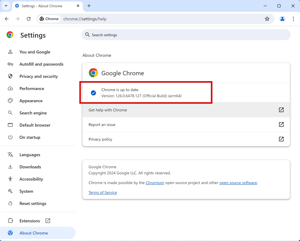 Chrome About page showing browser update status