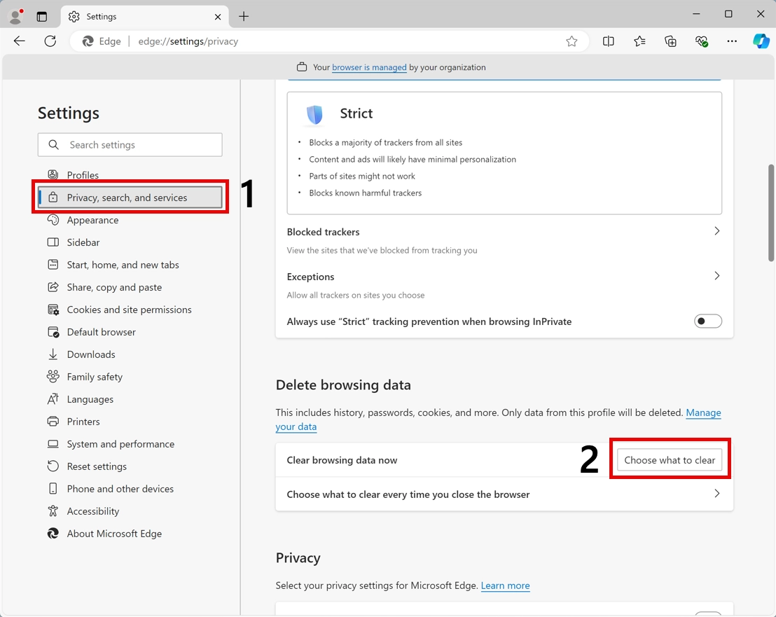 Microsoft Edge clear browsing data settings