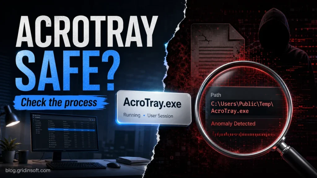 AcroTray.exe Adobe startup process safety check with suspicious path warning