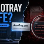 AcroTray.exe Adobe startup process safety check with suspicious path warning