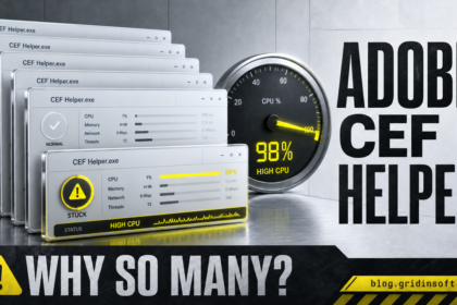 Multiple Adobe CEF Helper windows beside a high CPU gauge