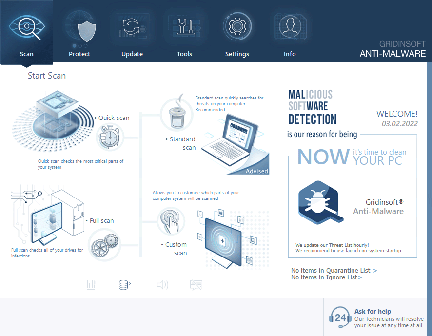 GridinSoft Anti-Malware main interface with Scan button highlighted