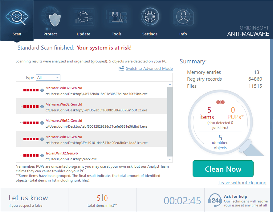GridinSoft Anti-Malware scan results showing detected Advanced Window Manager components