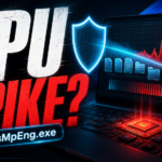 CPU spike poster for MsMpEng.exe Antimalware Service Executable high CPU troubleshooting on blog.gridinsoft.com.