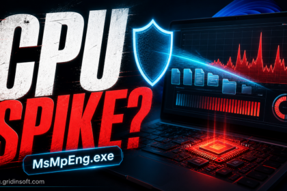 CPU spike poster for MsMpEng.exe Antimalware Service Executable high CPU troubleshooting on blog.gridinsoft.com.