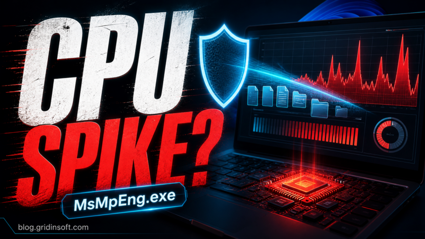 CPU spike poster for MsMpEng.exe Antimalware Service Executable high CPU troubleshooting on blog.gridinsoft.com.