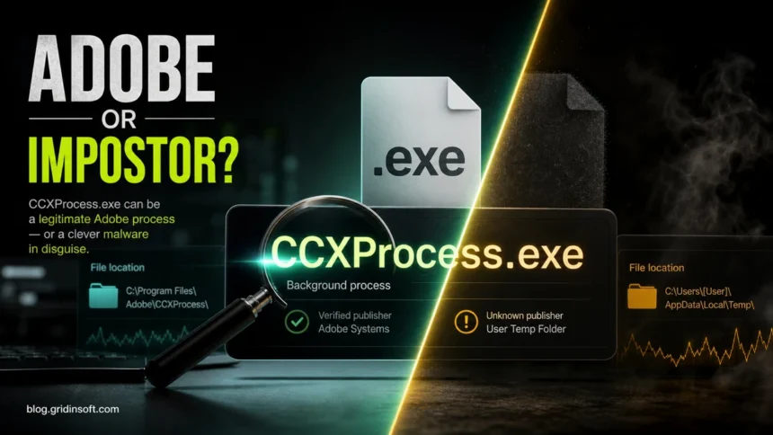 CCXProcess.exe Adobe or impostor safety check with file location and signature clues.