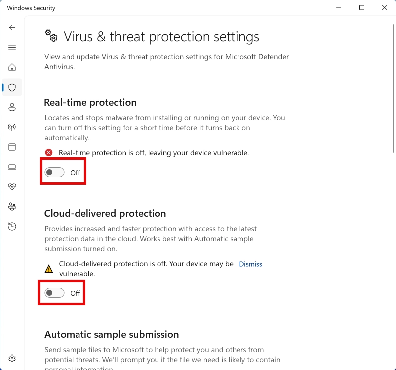 Antimalware Service Executable 10 Defender protection settings screenshot