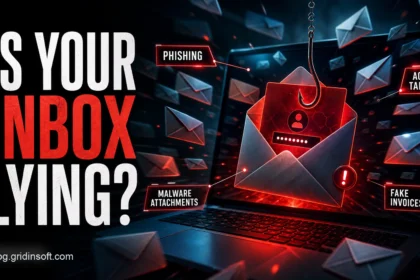 Dramatic phishing email trap illustration with the headline Is Your Inbox Lying?