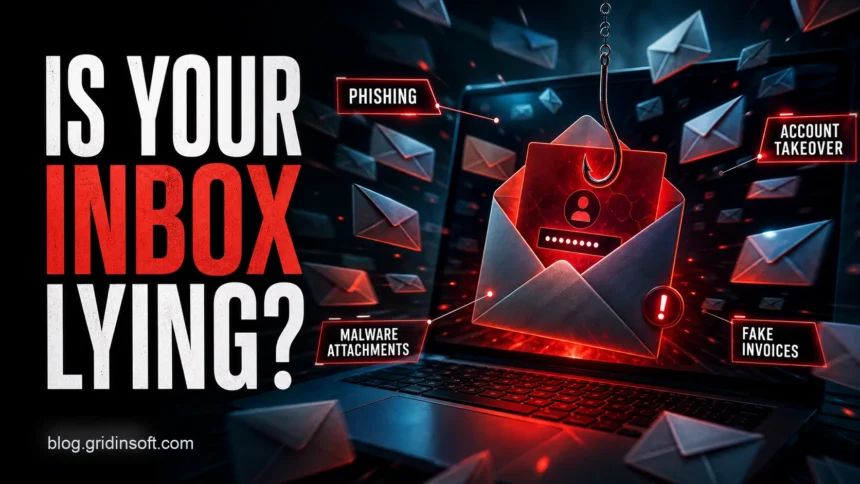 Dramatic phishing email trap illustration with the headline Is Your Inbox Lying?
