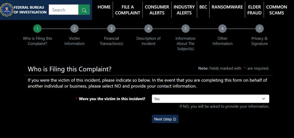FBI IC3 complaint form for reporting cryptocurrency recovery scam evidence