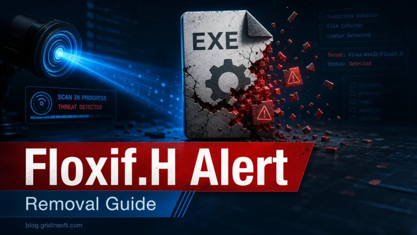 Virus:Win32/Floxif.H Removal 1 Floxif.H Alert removal guide with infected executable file under scan.