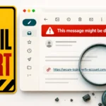 Gmail dangerous-message alert beside a suspicious link warning.
