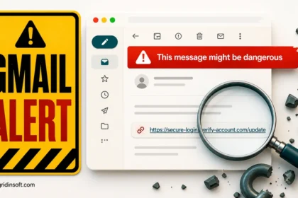 Gmail dangerous-message alert beside a suspicious link warning.
