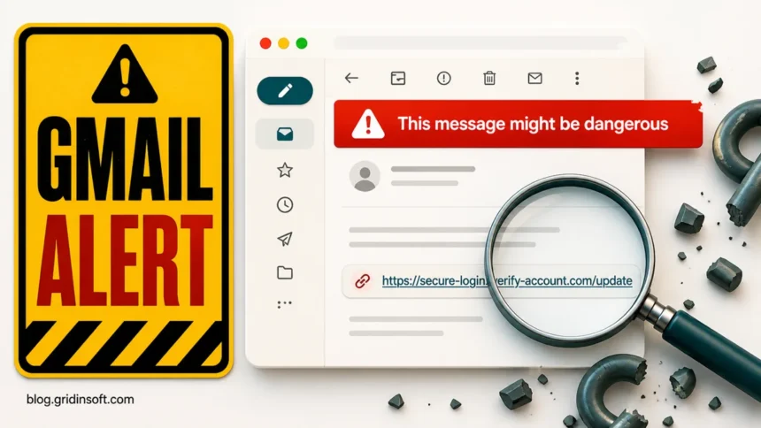 Gmail "This Message Might Be Dangerous": Meaning and Fixes 1 Gmail dangerous-message alert beside a suspicious link warning.