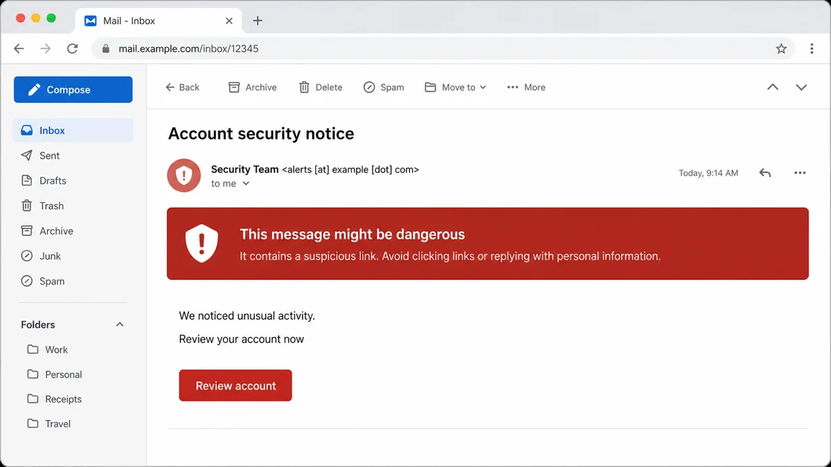 Gmail "This Message Might Be Dangerous": Meaning and Fixes 2 Generic desktop email client showing a dangerous message warning.