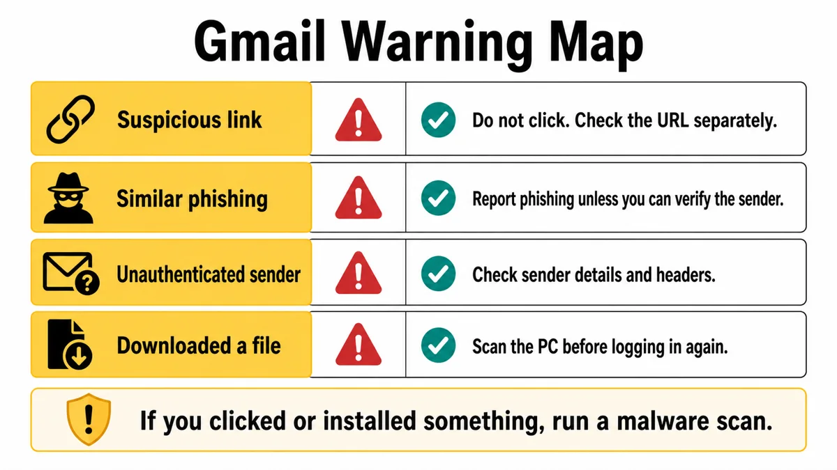 Gmail "This Message Might Be Dangerous": Meaning and Fixes 3 Diagram mapping Gmail warning types to safe user actions.