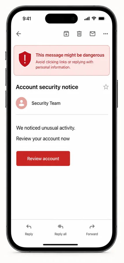 Gmail "This Message Might Be Dangerous": Meaning and Fixes 5 Generic mobile email app showing a dangerous message warning.