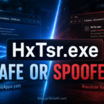 Editorial poster comparing a safe HxTsr.exe WindowsApps process with a suspicious Downloads or Temp lookalike.