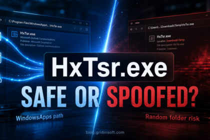 Editorial poster comparing a safe HxTsr.exe WindowsApps process with a suspicious Downloads or Temp lookalike.