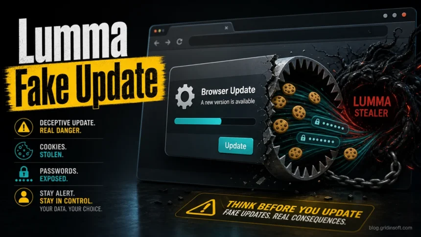 Fake browser update trap leading to Lumma Stealer data theft.