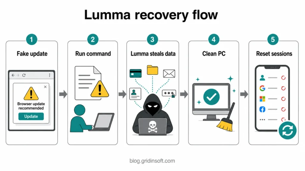 Diagram showing Lumma fake update infection, command execution, data theft, PC cleanup, and session reset.