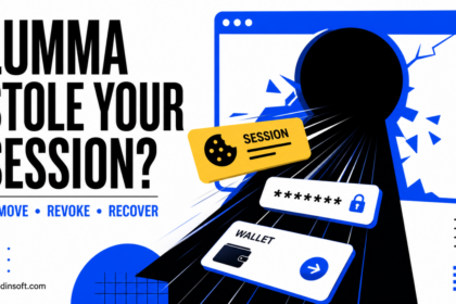 Lumma Stealer pulling a browser session, password, and wallet data through a keyhole.