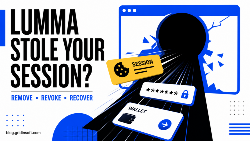 Lumma Stealer: Removal, Detection, and Account Recovery Guide 1 Lumma Stealer pulling a browser session, password, and wallet data through a keyhole.