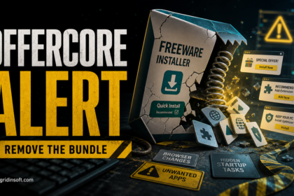 OfferCore installer alert showing bundled apps, browser changes, and startup leftovers to remove.