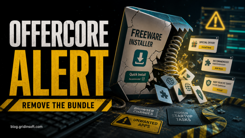 PUADlManager:Win32/OfferCore: Remove, Restore, or False Positive? 1 OfferCore installer alert showing bundled apps, browser changes, and startup leftovers to remove.