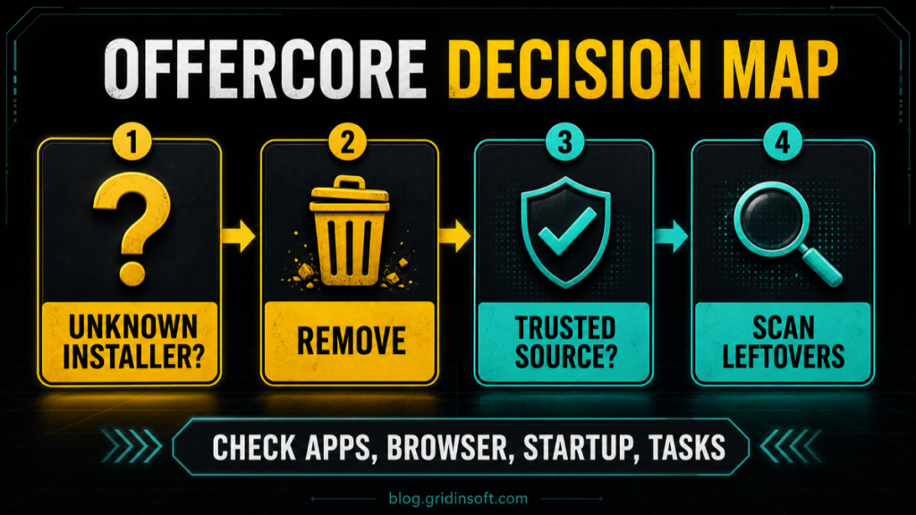 PUADlManager:Win32/OfferCore: Remove, Restore, or False Positive? 2 OfferCore decision map showing unknown installer, remove, trusted source, and scan leftovers steps.