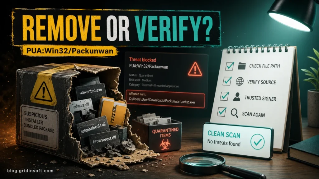 PUA:Win32/Packunwan cleanup poster showing remove or verify decision, affected file path, quarantine, and clean scan checklist.