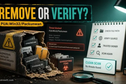 PUA:Win32/Packunwan cleanup poster showing remove or verify decision, affected file path, quarantine, and clean scan checklist.