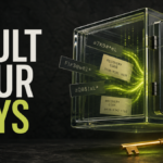 Editorial poster with a glass password vault, recovery codes, and an amber key for secure password storage.