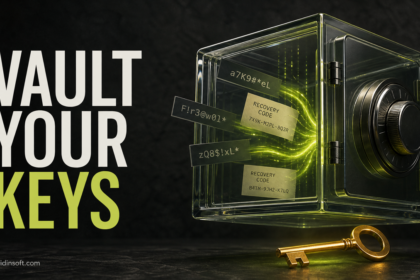 Editorial poster with a glass password vault, recovery codes, and an amber key for secure password storage.