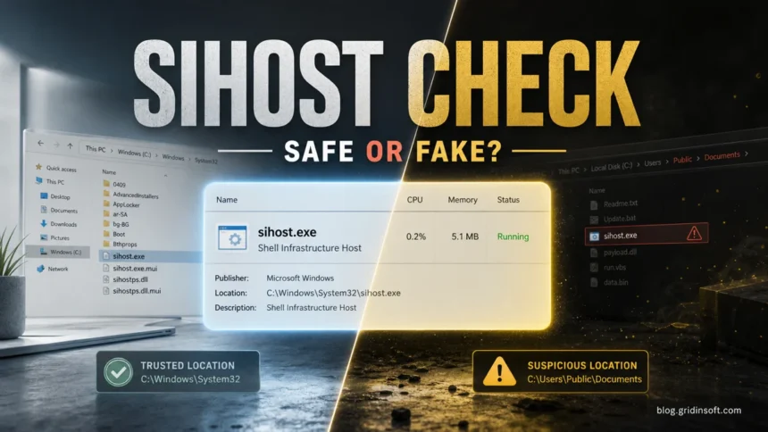 sihost.exe safety check comparing the safe System32 file with a suspicious copy.