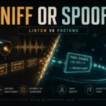 Sniff or Spoof poster showing packet listening versus fake identity in a network attack.