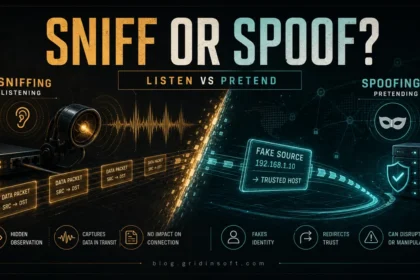 Sniff or Spoof poster showing packet listening versus fake identity in a network attack.