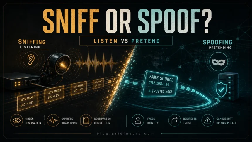 Sniff or Spoof poster showing packet listening versus fake identity in a network attack.