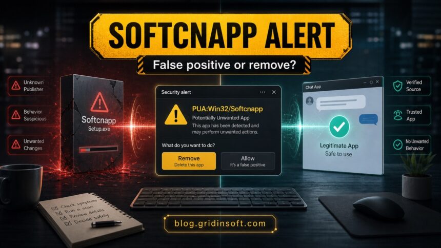 PUA:Win32/Softcnapp alert showing the choice between a suspicious installer and a trusted app.