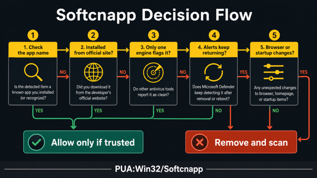 Decision flow for checking whether PUA:Win32/Softcnapp should be allowed or removed and scanned.