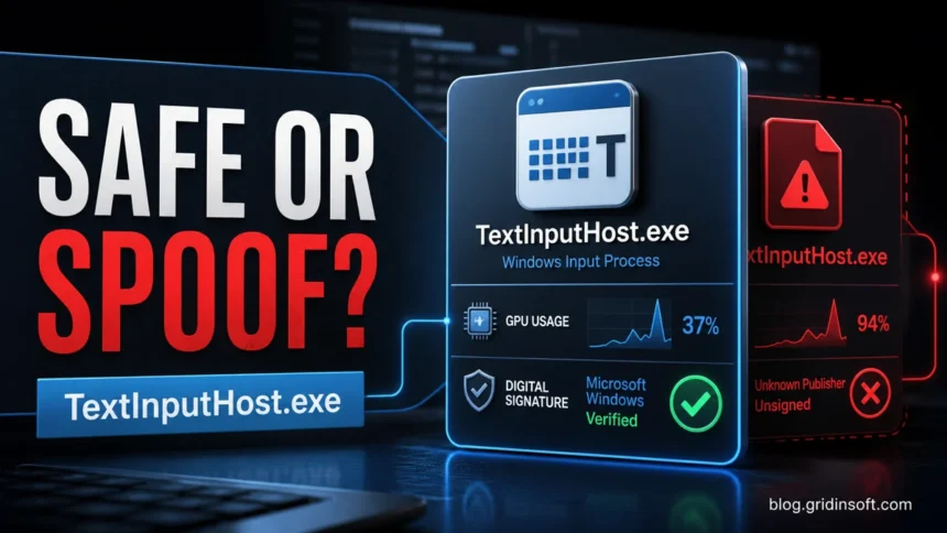 TextInputHost.exe safe or spoofed process check with GPU usage and Microsoft signature indicators.