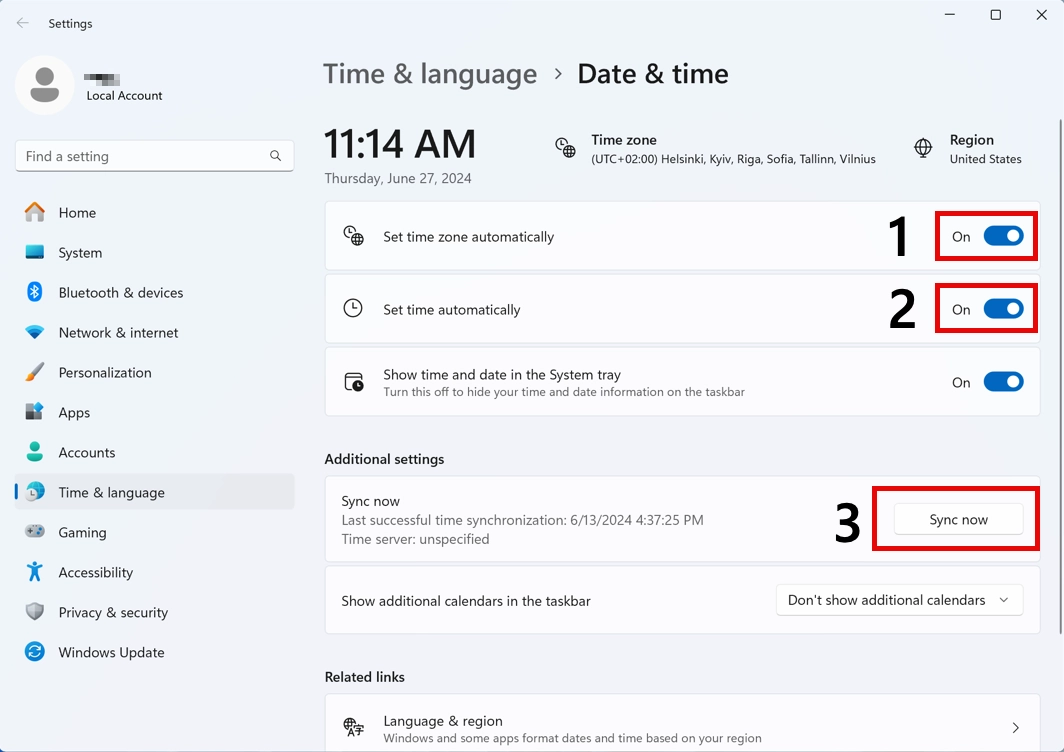 Windows date and time settings with automatic time enabled