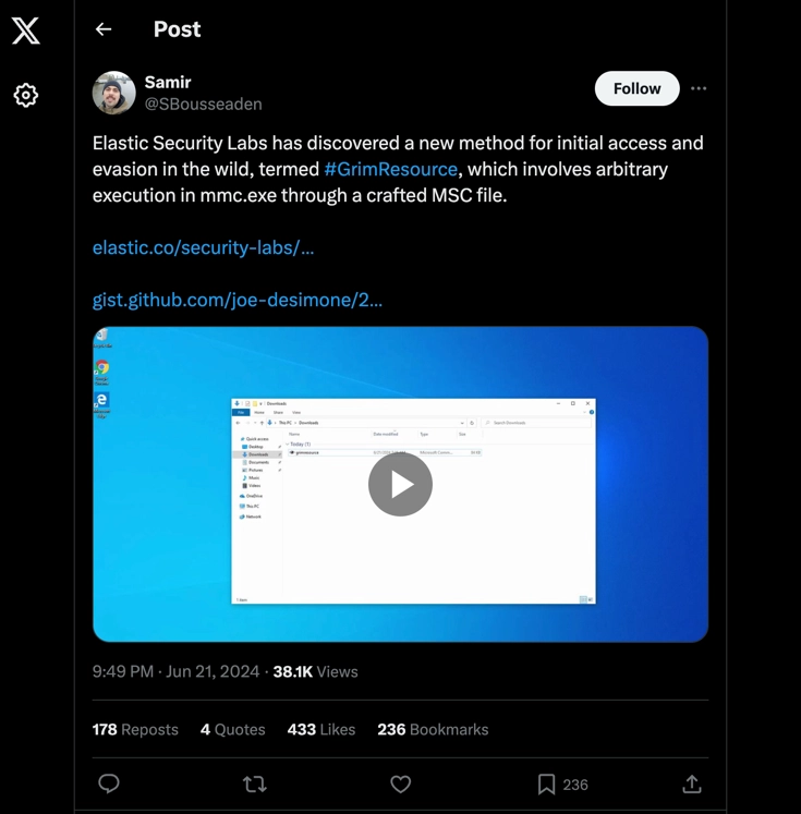New GrimResource Attack Technique Targets MMC, DLL Flaw 2 Post in the X (Twitter) screenshot
