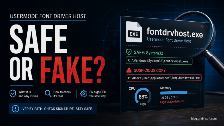 Usermode Font Driver Host: Safe or Malware? 1 Usermode Font Driver Host safe or fake featured image showing fontdrvhost.exe path and high CPU check.