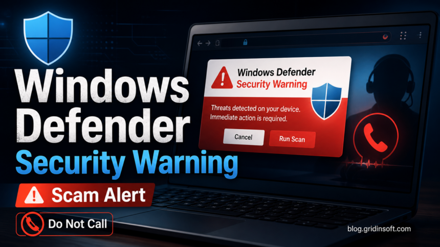 Windows Defender Security Warning scam alert with Defender-style shield and do not call warning