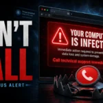 Fake "Your Computer Is Infected" alert with Don't Call warning and scam support trap.