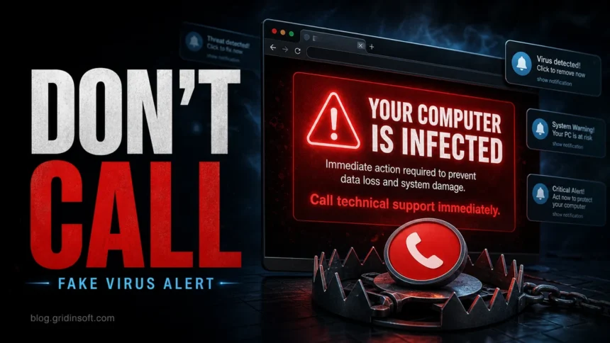 Fake "Your Computer Is Infected" alert with Don't Call warning and scam support trap.