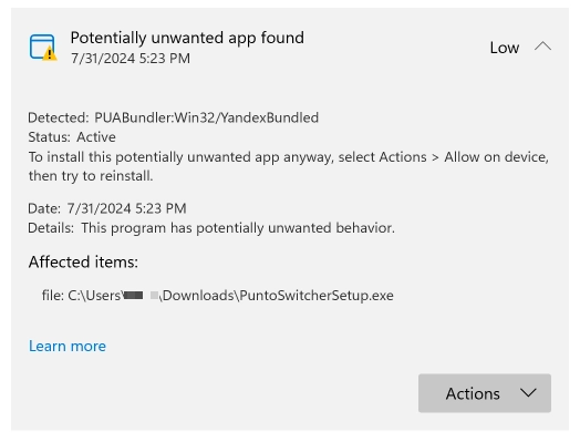 PUABundler:Win32/YandexBundled 2 PUABundler:Win32/YandexBundled detection screenshot
