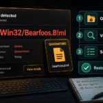 Trojan:Win32/Bearfoos.B!ml alert with quarantine, source verification, leftover scan, and safe restore decision.